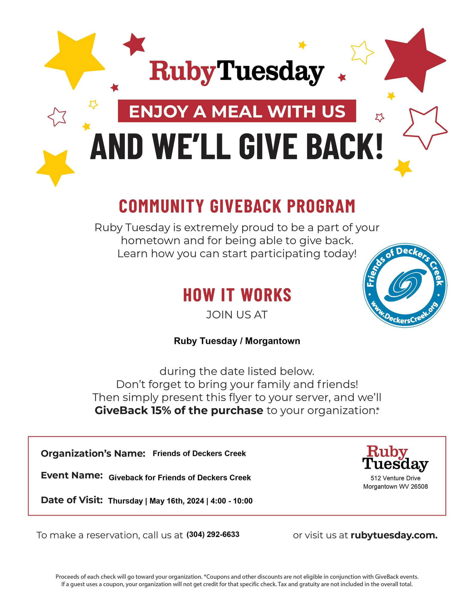Ruby Tuesday GiveBack for Friends of Deckers Creek